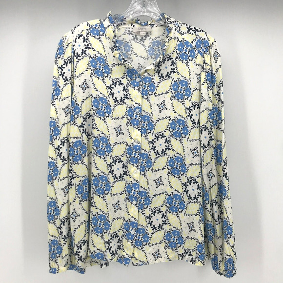 LOFT Outlet Top Womens Large Blue Yellow Floral Button Up Ruffle Collar - Picture 1 of 8